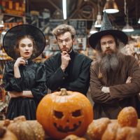 A witch, a priest and a druid stand in a store and look quizzically towards a halloween pumpkin