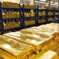 Gold bars stacked in the Bank of England vault.