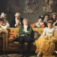 In the style of a Raeburn portrait, a set of young people lounge around on their phones looking diffident