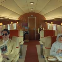 Characters from a Wes Anderson film sit in a stylish plane interior.
