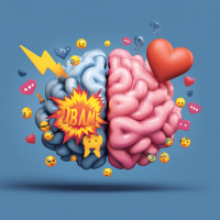 An emoji-style brain divided in two with active emojis one side and calm ones the other.